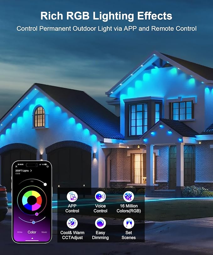 Fussion 400ft Permanent Outdoor Lights for House, 2025 Smart RGB LED Outside Lights with Remote Control, IP67 Waterproof Eternity Eaves Lighting for Christmas, Halloween, Holiday, Party, Daily