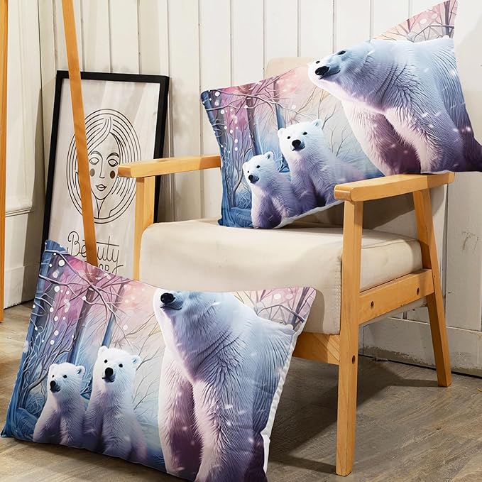 AILONEN Polar Bear Fitted Sheet Set Twin Size, Arctic Animals Bedding Winter Snow Bear Kawaii Kids Bed Sheet with 2 Pillowcases,3 Pieces Twin Fitted Sheet Set for Girls Boys