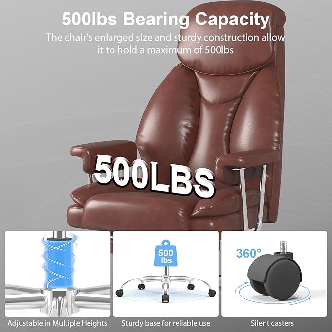 Big and Tall Office Chair, Ergonomic Leather High Back Executive Computer Desk Chair with Retractable Footrest and Padded Arms, 360°Swivel Free, 90-135°Reclining, 500lbs Wide Seat, Brown