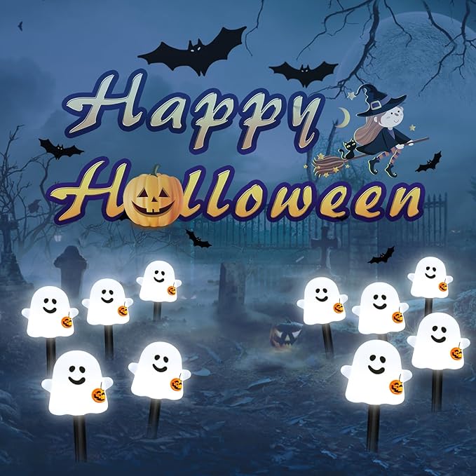Solar Halloween Ghost Pathway Lights, 10 Pack Ghost Stake Lights with Pumpkin Design, Durable Waterproof Outdoor Halloween Decoration for Garden, Walkway, and Yard (Cold White)