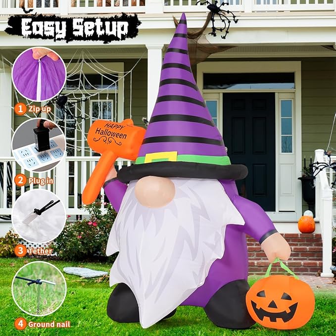 GOOSH 6.7 FT Halloween Gnome Inflatables with Pumpkin Outdoor Decorations Gnome Blow Up Yard Built-in LED Lights for Halloween Party Indoor Outdoor Yard Garden