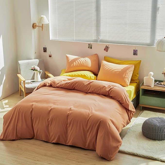 Wellboo Peach Comforter Sets Queen Solid Pink Orange Bedding Comforter Sets Cotton Plain Grapefruit Color Quilts for Women Girls Modern Light Coral Orange Full Soft Comforters Cute Peach Pink Blankets