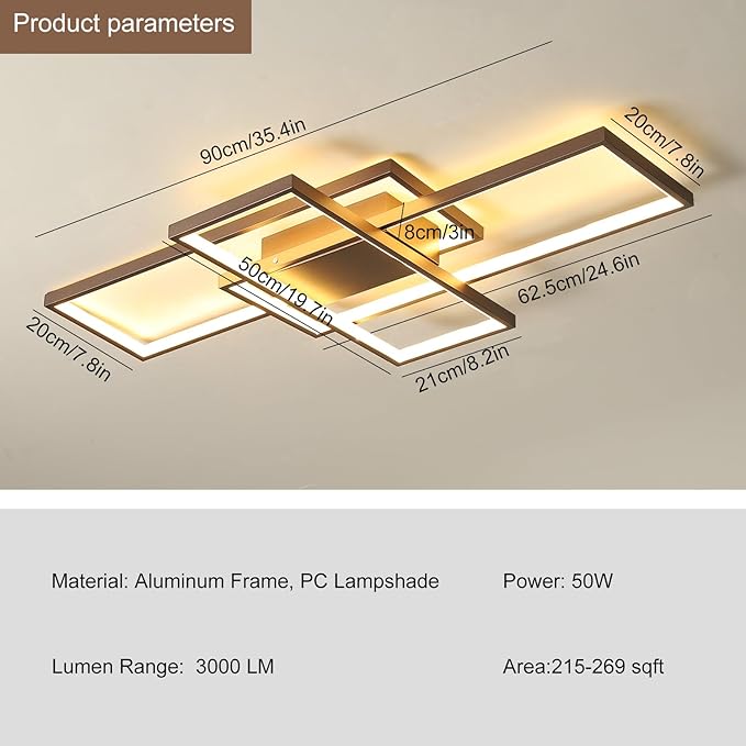 GEADI Modern Ceiling Light Fiture, Dimmable Led Flush Mount Ceiling Lamp with Remote Control,50W Square Close to Ceiling Lights for Bedroom Living Room Dining Room (35.4",Coffee, 3000K-6500K)