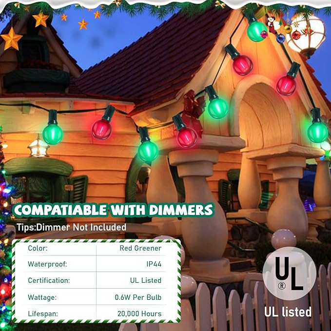 G40 LED Outdoor Christmas String Lights 50FT Hanging Globe String Light with 27 LED Shatterproof Frosted Red Green Lights(2 Spare), Waterproof Patio String Lights for Balcony Backyard Pergola Decor