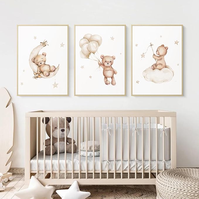 Bear Nursery Wall Art Decor Set of 3 Teddy Bear Canvas Wall Art Baby Boy Nursery Decor Prints Neutral Pictures Moon Star Cloud Print for Girls Children Room 16x24 Inch FRAMED