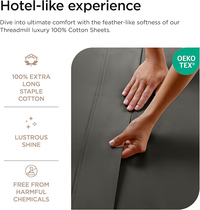 Threadmill Luxury 800 Thread Count Queen 100% Cotton Sheets - Dark Grey Sateen Weave Bed-Sheets, Better Than Egyptian Cotton,4 Pc Solid Soft Bedding Set, Fits 16" Deep Pocket