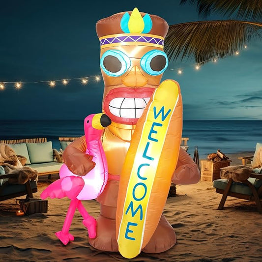 Shappy 5 ft Inflatable Tiki Flamingo Surfboard Luau Hawaiian Party Decorations Summer Inflatables Outdoor LED Lighted Tiki Blow up Beach Tropical Pool Surfing Yard Party Supplies Favors(Flamingo)