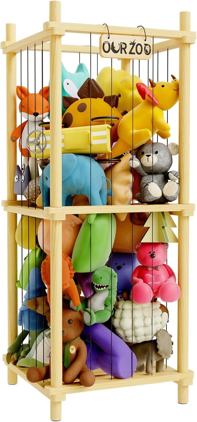 Stuffed Animal Zoo Storage Cage Wooden, 41''(3.4ft) Wood Large Stuffed Animal Storage Basket, Toy Storage for Big Stuffed Animals, Large Toy Chest for Kids Girls Boys Toy Organizer Holder