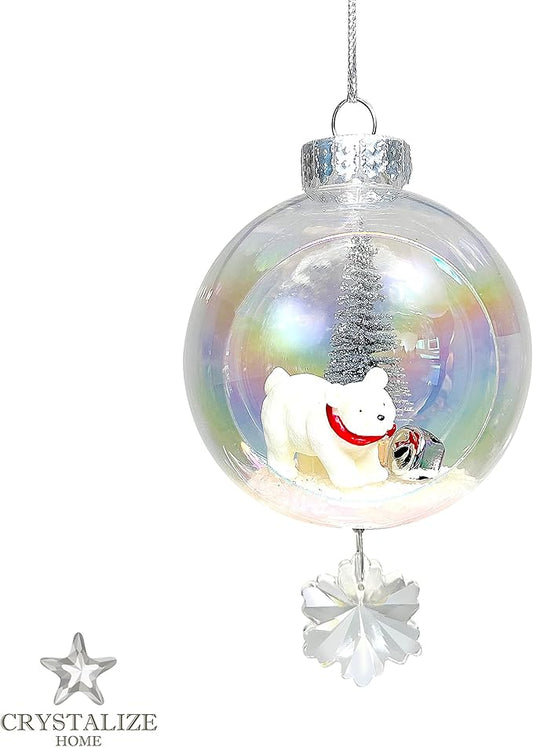 Polar Bear Christmas Ornament - Handmade Shatterproof Decorations for Indoor Outdoor Xmas Tree - Clear Ball Ornaments with Magnetic Crystal - Great Gift or Stocking Stuffer for Mom, Sister, Friend