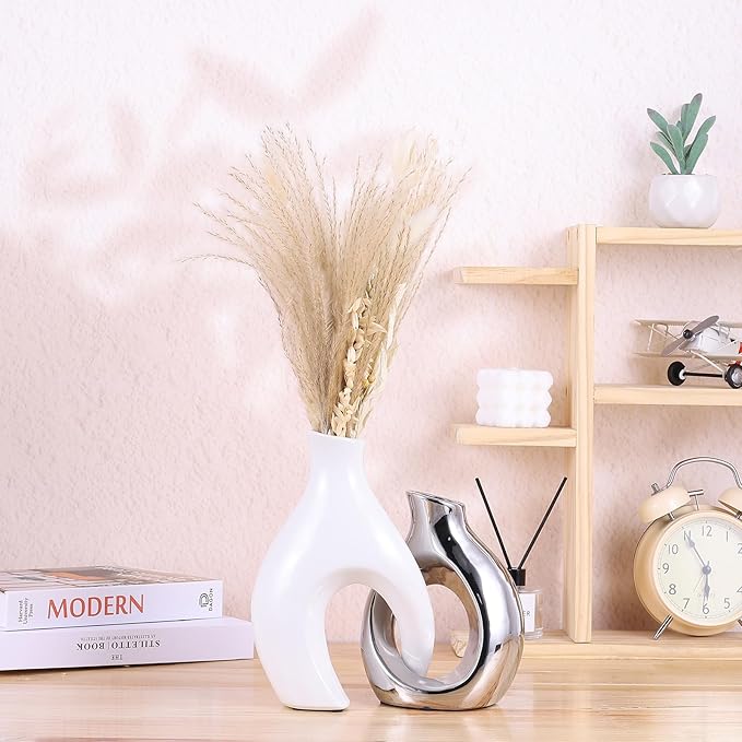 Ceramic Decorative Vases 2 Piece Set, Bohemian Style Openwork White and Silver Decorative Vases, Home Decor Aesthetics for Kitchen Cabinets, Office, Bedroom, Dresser, Entryway Table Decor.