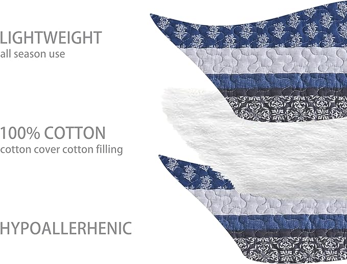 Homzard Bedding Set, King Size Quilt, 100% Cotton, Blue Floral Striped, All Season, 3 Piece Includes Quilt and 2 Shams, Farmhouse Style