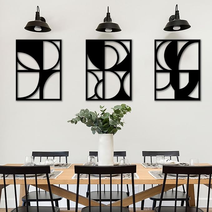 CHATYOUNG Metal Abstract Black Wall Art, 3 Piece Modern Minimalist Wall Sculptures Geometric Black and White Artwork for Living Room Bedroom Kitchen Home Office Decor 36L x 16W