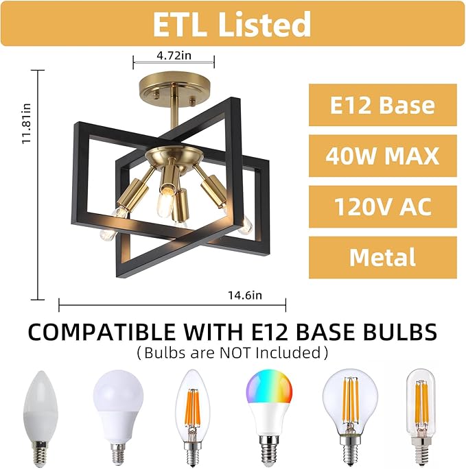 Semi-Flush Mount Ceiling Light - Modern Industrial Light Fixture Black and Gold,4-Light Candelabra Lighting Ceiling Lamp for Kitchen Foyer Entryway Hallway Bedroom Closet