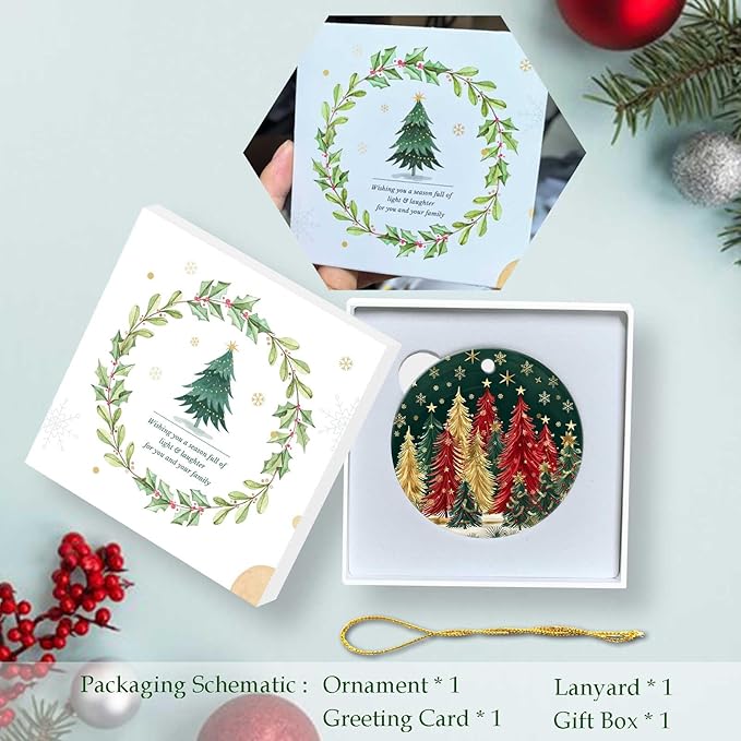 Christmas Tree Forest Ornament Round Ceramic Ornament Star Snowflake Xmas Keepsake for Christmas Tree Winter Holiday Xmas Gift for Women Men Xmas Hanging Ornament 3"