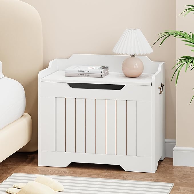 IDEALHOUSE Storage Chest, 24.8" Toy Chest for Boys Girls, Kids Wood Large Toy Box, Storage Bench with Safety Hinge,Storage Trunk for Entryway, Living Room, Bedroom, Playroom, White
