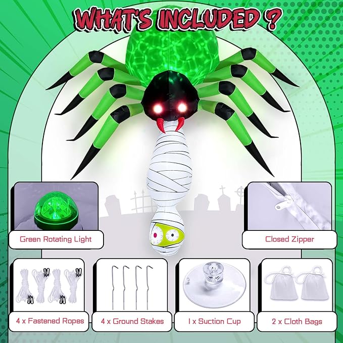 7FT Halloween Inflatables Spider Outdoor Decorations, Large Halloween Blow Up Yard Decorations with Mummy and Green LED Light, Scary Inflatable Decor for Eaves Cobweb Window Yard Lawn