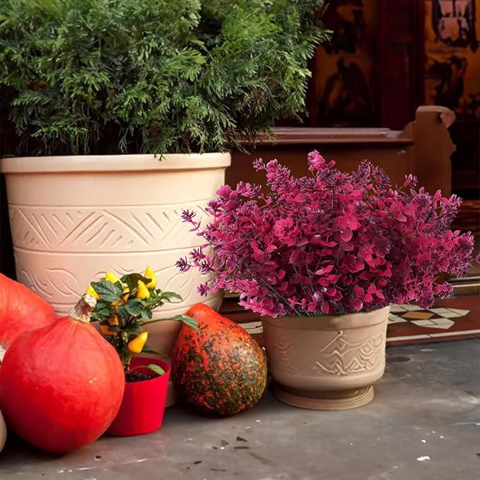 RECUTMS Faux Fall Flowers for Outside,Artificial Plants Outdoor, UV Resistant Flower Greenery Stems Faux Plastic Flowers Shrubs for Home Weddings Garden Porch Front Patio Office Decorr(Wine Red)