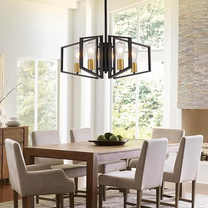 4-Light Black and Gold Chandelier, Lantern Geometric Ceiling Light Fixtures, Dining Room Light Fixtures Over Table, Modern Farmhouse Hanging Pendant Lights for Kitchen Island, Bedroom, Foyer, Entryway