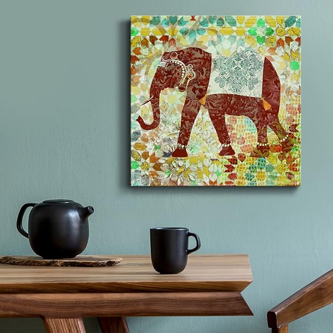 Cute Animals Artwork Abstract Colorful Painting Wall Art on Canvas, Bali Elephant Wall Art, Ready to Hang, 10'' x 10''