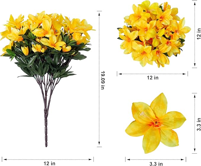 Artificial Flowers for Outdoors, 3 Bundles Fake Silk Azalea Bouquet Faux Flower Plants Outside Decoration UV Resistant Realistic Fake Flowers for Planter Front Door Patio Garden Walkways Home, Yellow