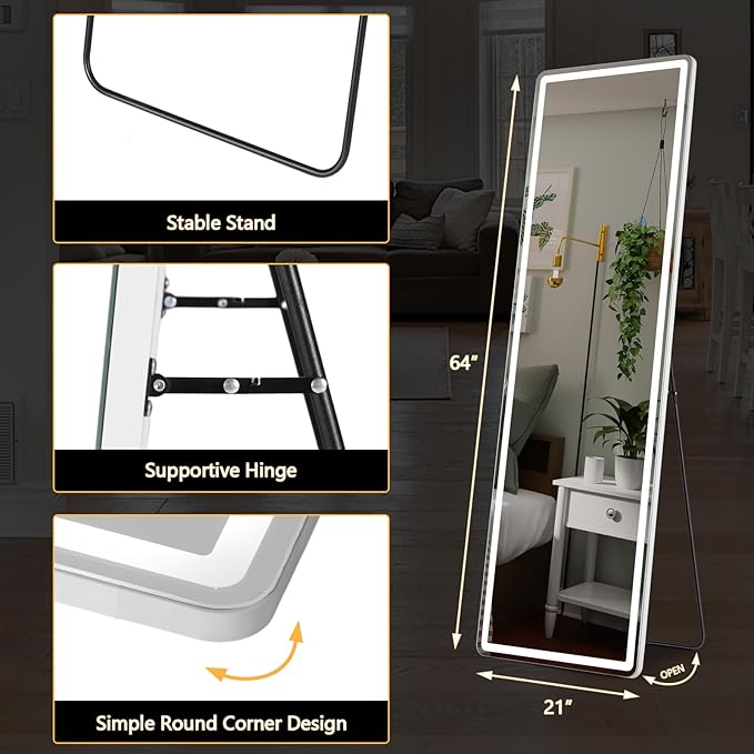Sweetcrispy 64"x21" Mirror Full Length Standing Mirror with LED Lights, Lighted Floor Mirror with Stand, w/Dimming & 3 Color Lighting, Wall Mirror Full Length Aluminum Alloy Thin Frame, White