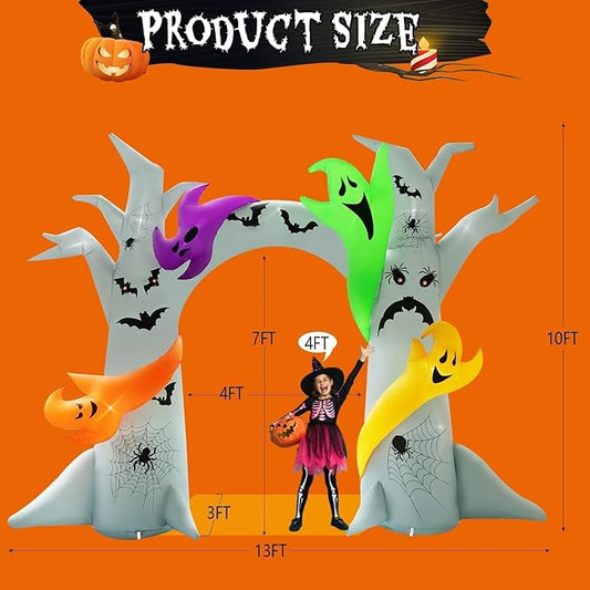 14FT Length X 10FT Tall Halloween Archway Inflatable Tree with 4 Colorful Ghosts, Blow Up Tree Inflatables Arch Built-in 15 Led Lights for Halloween Inflatable Outdoor Decorations