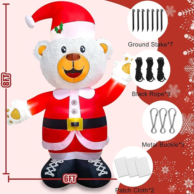 Kalolary 8FT Christmas Inflatable Fluffy Bear with LED Light, White & Red, Plush Fabric, Wind Resistant, Christmas Fluffy Bear Decoration