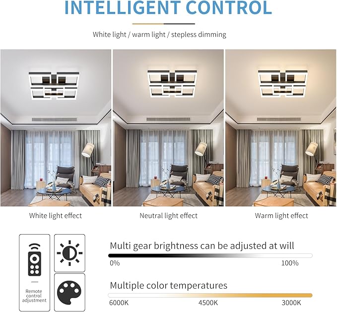 GEADI Modern LED Ceiling Light, 64W Dimmable Black Flush Mount Light 5-Square Ceiling Lamp with Remote Control, Acrylic Ceiling Chandelier Lighting for Living Room Bedroom Office, 3000K-6500K
