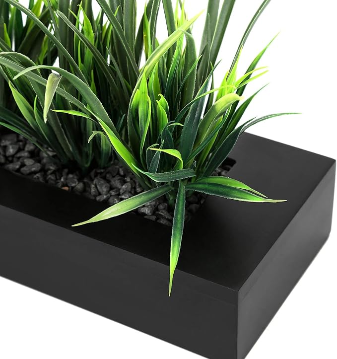 MyGift Artificial Green Grass Plants Potted in 9-inch Matte Black Wood Decorative Planter, Tabletop Faux Greenery in Wooden Rectangular Pot Centerpiece Décor