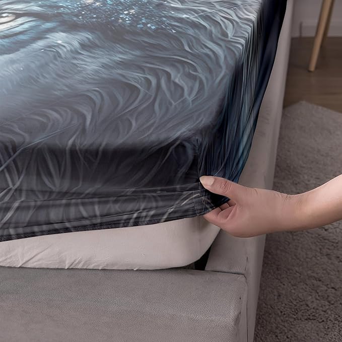 AILONEN Boys Wolf Fitted Sheet Set Queen Size, 3 Pieces Wildlife Bed Sheet Set,Evening Moon Wolf Sheet Set for Boys Teen Men,Wolves Print Fitted Sheet with 2 Pillowcases