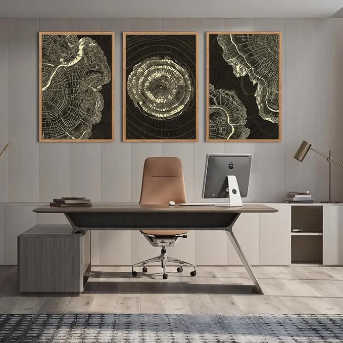 IARTTOP Tree Ring Canvas Wall Art Large Framed 24x36 Inch Black Modern Abstract Wall Decor Neutral Minimalist Wood Spiral Wall Painting for Living room Bedroom Office Set of 3