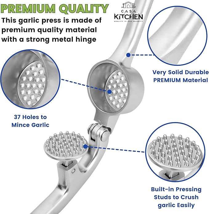 Premium Garlic Press - Easy to Squeeze and Clean, Rust Proof & Dishwasher Safe Garlic Mincer - Garlic Press Stainless Steel, Garlic Crusher, Garlic Masher - Silicone Garlic Peeler & Brush - Sliver