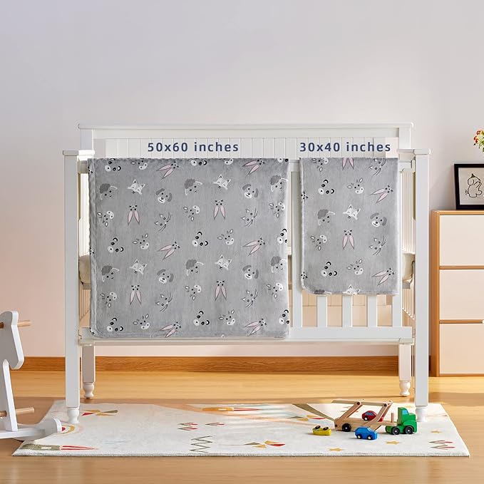 DaysU Silky Micro Soft Plush Baby Blankets Unisex with Print Animal Pattern and Soothing Raised Dots, Double Layer Bed Throws for Toddler Cot, Animal Faces, Grey, 50x60 Inches