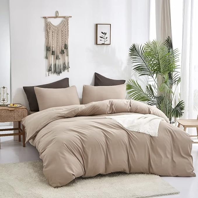 Wellboo Khaki Comforter Set Queen Size Cream Coffee Bedding Sets Dark Champagne Bed Quilts Solid Taupe Quilts Women Men Modern Oatmeal Brown Blankets Cream Khaki Comforters Plain Tan Taupe Color Bed