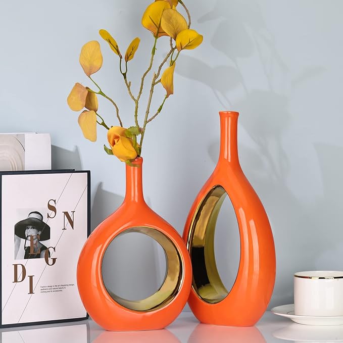 XMGZQ Ceramic Orange and Gold Vase Set of 2, Modern Vases for Home Decor, Centerpieces, Housewarming Gift, Living Room Dining Table, Flowers