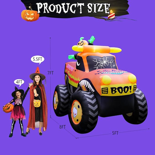 8FT Halloween Inflatable Pumpkin Monster Truck, Inflatable Vehicle Yard Decorations Built-in 8 LED for Halloween Inflatables Outdoor Decoration Home Party Supplies Lawn Halloween Decor