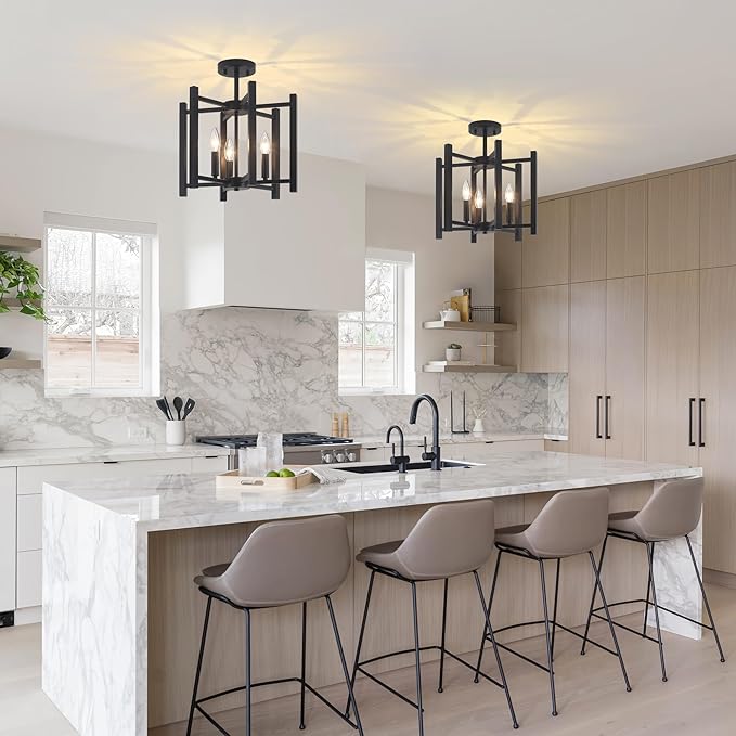 14.6'' Black Farmhouse Semi Flush Mount Ceiling Light Fixture, 3-Light Modern Ceiling Light Fixtures Industrial Flush Mount Ceiling Lighting Fixture for Dining Room Kitchen Hallway Bedroom