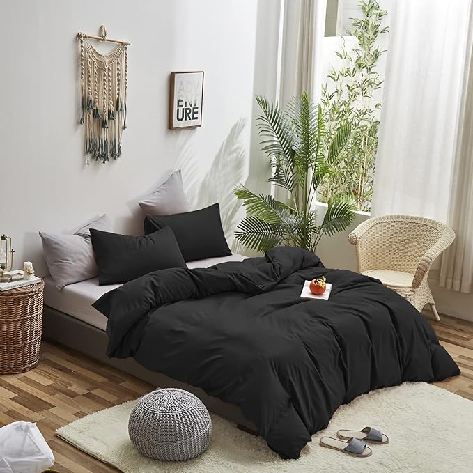 Wellboo Black Comforter King Size Solid Color Bedding Set Soft 3 Pieces Dark Black Quilt Comforters Lightweight All Seasons Minimalist Design Bedding for Women Men Vintage Bedding