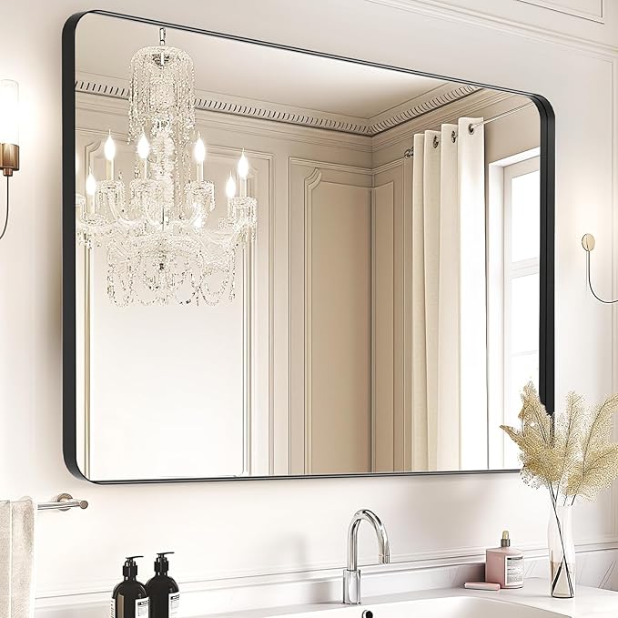 USHOWER Black Large Bathroom Mirror, 40 × 30 Inch Rectangle Mirror for Bedroom, Bathroom, Dining Room, Entryway, Wall Mounted & Metal Frame, Tempered Glass, Hangs Horizontally or Vertically