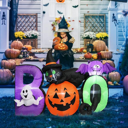 6 FT Long Halloween Inflatable Boo Black Cat with Pumpkin and Ghost Outdoor Decoration, Holiday Decorations Built-in White LED Light Blow Up Halloween Decorations for Yard, Garden, Lawn,Holiday, Party
