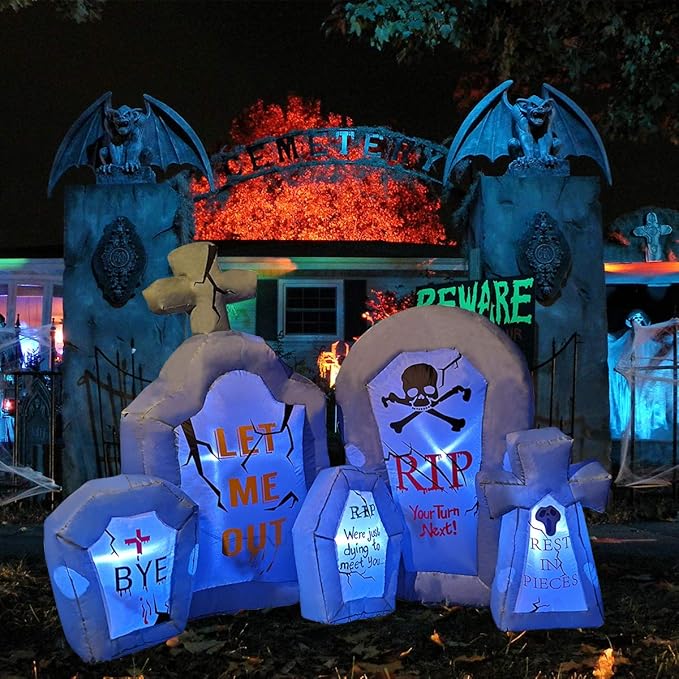 RETRO JUMP 6.6 Ft Halloween Inflatables Tombstone Combo Blow up Spooky Gravestone Holiday Lighted Decoration Headstone for Indoor Outdoor & Yard Garden Lawn