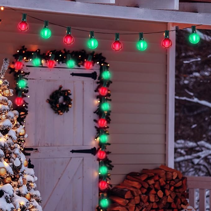 G40 LED Outdoor Christmas String Lights 50FT Hanging Globe String Light with 27 LED Shatterproof Frosted Red Green Lights(2 Spare), Waterproof Patio String Lights for Balcony Backyard Pergola Decor