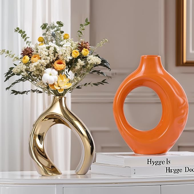 Orange Gold Ceramic Vase Set of 2 for Modern Home Decor,Round Boho Vase for Pampas Grass,Neutral Minimalist Vase for Dining Room Table Centerpiece Dining Room,Wedding Table Decoration