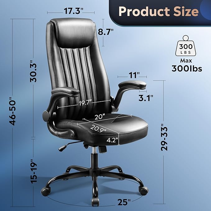 DEVAISE Executive Chair Computer Office Chair, High Back Ergonomic Desk Chair with Adjustable Flip-up Armrests, Lumbar Support and Thick Headrest, Black