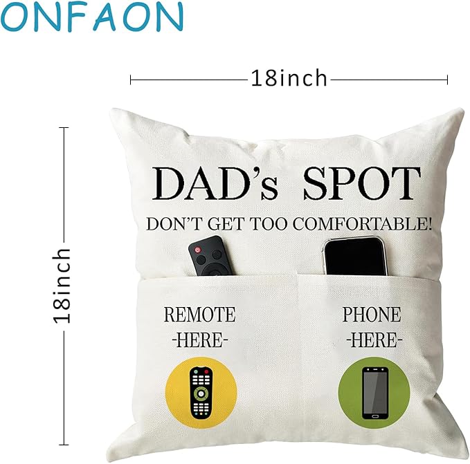 Father's Day Throw Pillow Case, Dad's Spot Throw Pillow Covers 18 x 18 Inch,Dad Gifts from Daughter Son,Birthday Christmas Thanksgiving Day Gifts for Papa Stepdad ,2-Pocket