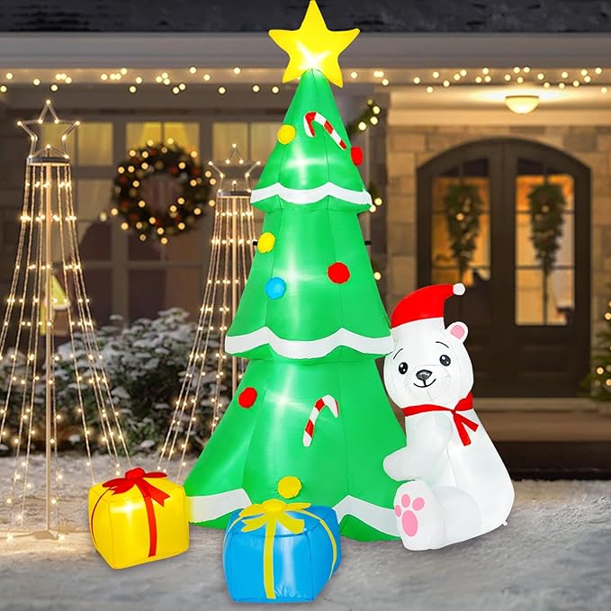 8FT Inflatable Tree Christmas Decorations Outdoor, Christmas Inflatables Polar Bear Holding Christmas Tree Built-in LEDs Blow Up Yard Decorations for Christmas Decor Garden Lawn Holiday Party