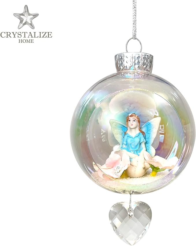 Blue Fairy Christmas Ornament - Handmade Shatterproof Decorations for Indoor Outdoor Xmas Tree - Clear Ball Ornaments with Magnetic Crystal - Great Gift or Stocking Stuffer for Mom, Sister, Friend
