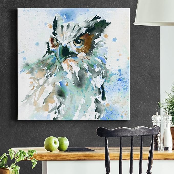 Canvas Prints Wall Art Animals Painting for Wall Décor, Owl On Blue Wall Art, Ready to Hang, 32'' x 32''