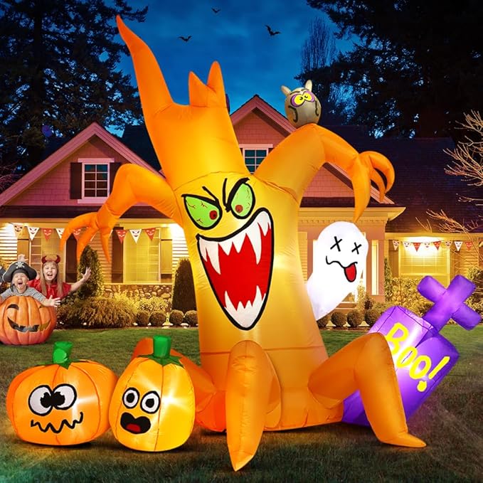 8FT Halloween Inflatables Spooky Tree with Pumpkin Ghost Led Light Halloween Inflatables Outdoor Decorations Blow up Inflatables for Holiday Party Lawn Yard Garden Décor