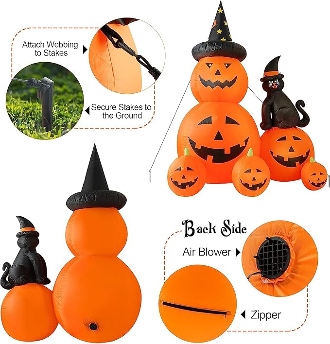 6 FT Halloween Inflatable Decorations Spooky Ghost Pumpkin Lighted and Witch's Cat, Halloween Decorations Outdoor Inflatables Pumpkin Combo with Build-in LED Blow Up Inflatables for Yard Garden